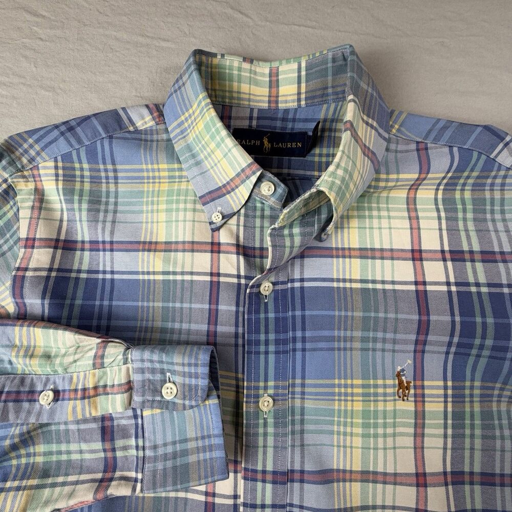 Ralph Lauren Men’s M Blue Green Plaid Button Down Long Sleeve Shirt Flesh Pony
